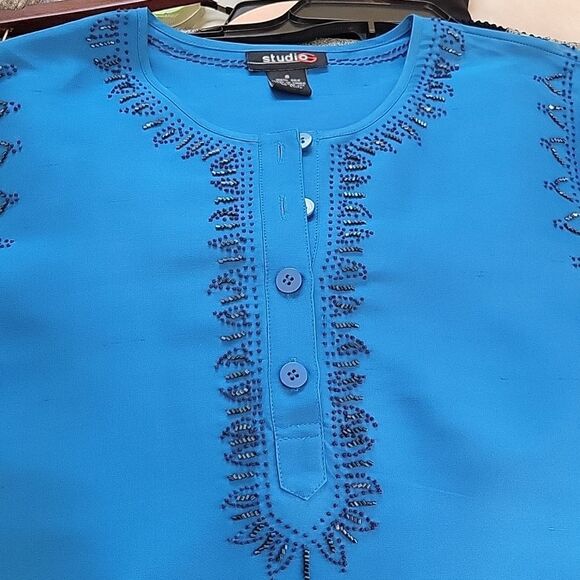 STUDIO G Raw Silk Blouse Peacock Blue Size 6 - Picture 9 of 9